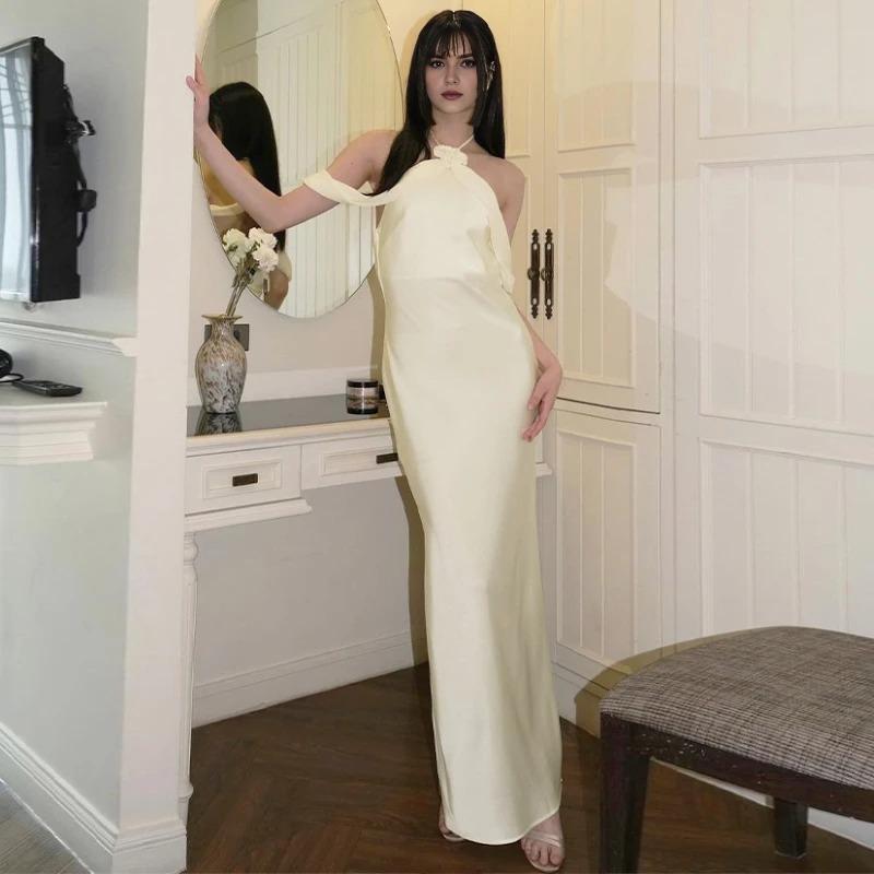 Weitese Dress Elegant Satin Halter Backless Maxi Dress 3D Flowers Sexy Sleeveless Summer Women's Birthday Party Prom Dress